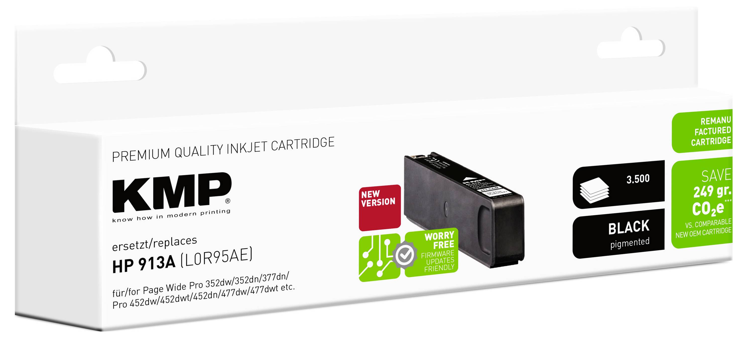 KMP Premium-kwaliteit inkjetcartridge-verpakking voor HP 913A (L0R95AE), zwart gepigmenteerd, met groene besparing- en functielabels.