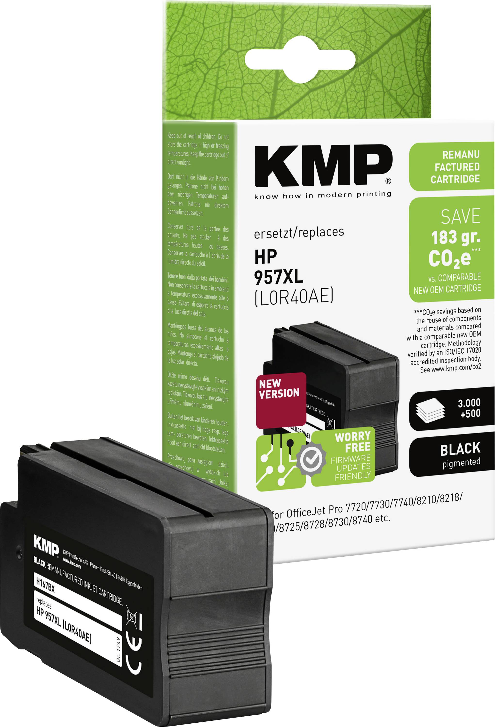 KMP zwarte printerinktpatroon en doos gelabeld als vervanging voor HP 957XL, met eco-vriendelijk en gereviseerde branding.