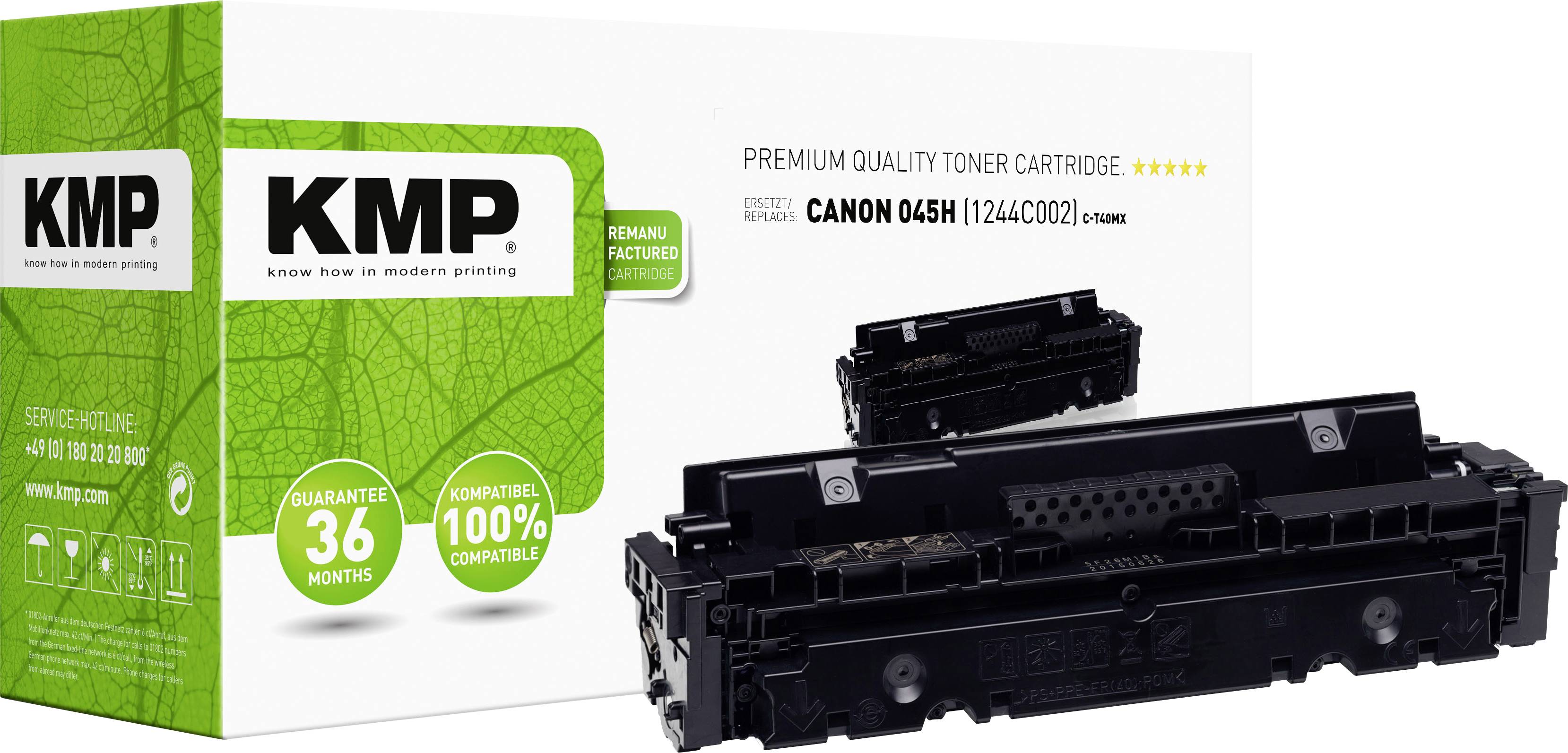 Tonercartridge voor Canon 045H (124/CRG045) in het zwart. Verpakking met KMP-logo en vermelding van 36 maanden garantie en 100% compatibiliteit.