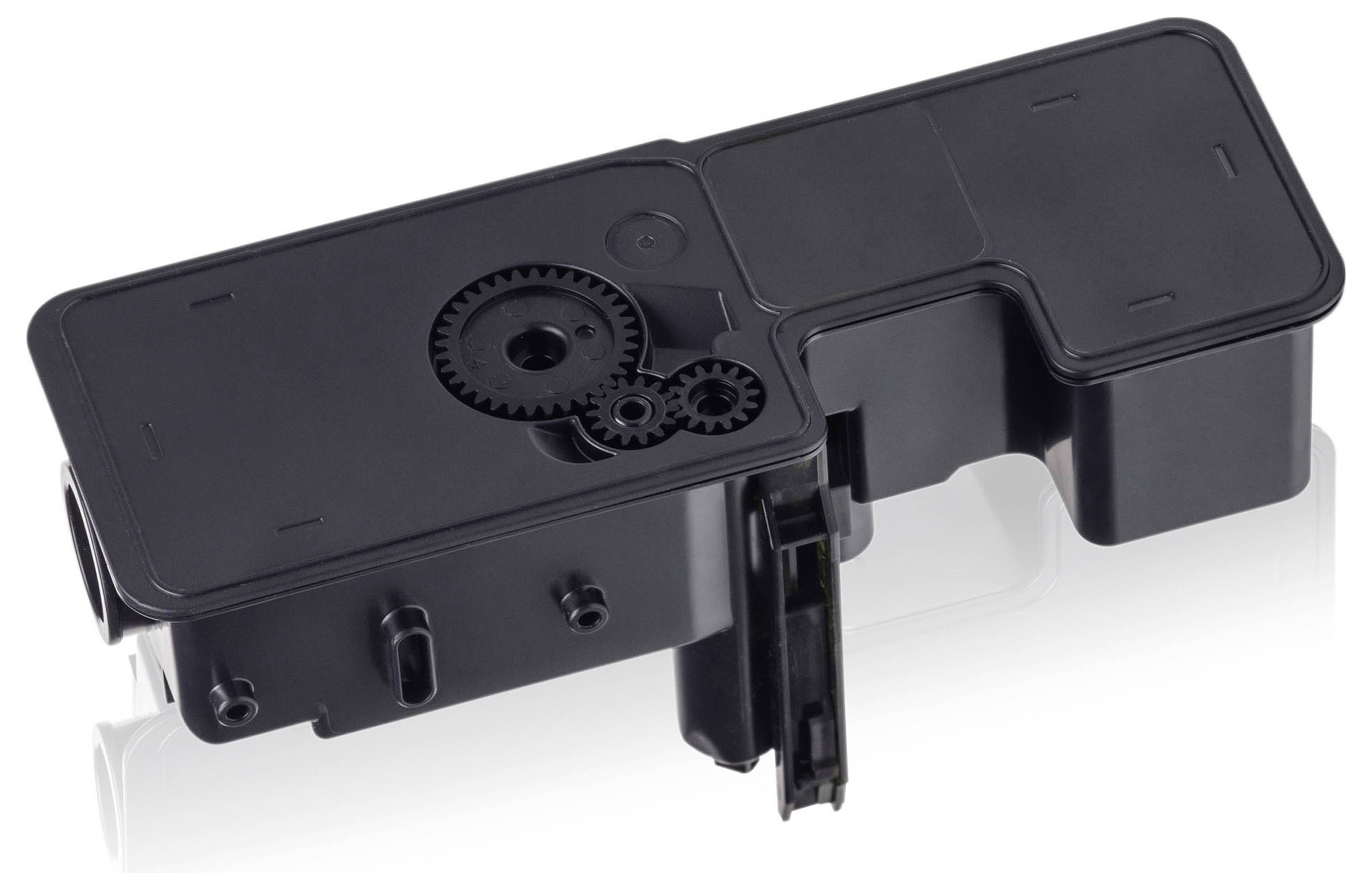 Zwart plastic mechanisch tandwiel- en vergrendelingsassemblage, waarschijnlijk een interne printer- of apparaatonderdeel, geïsoleerd op een witte achtergrond weergegeven.