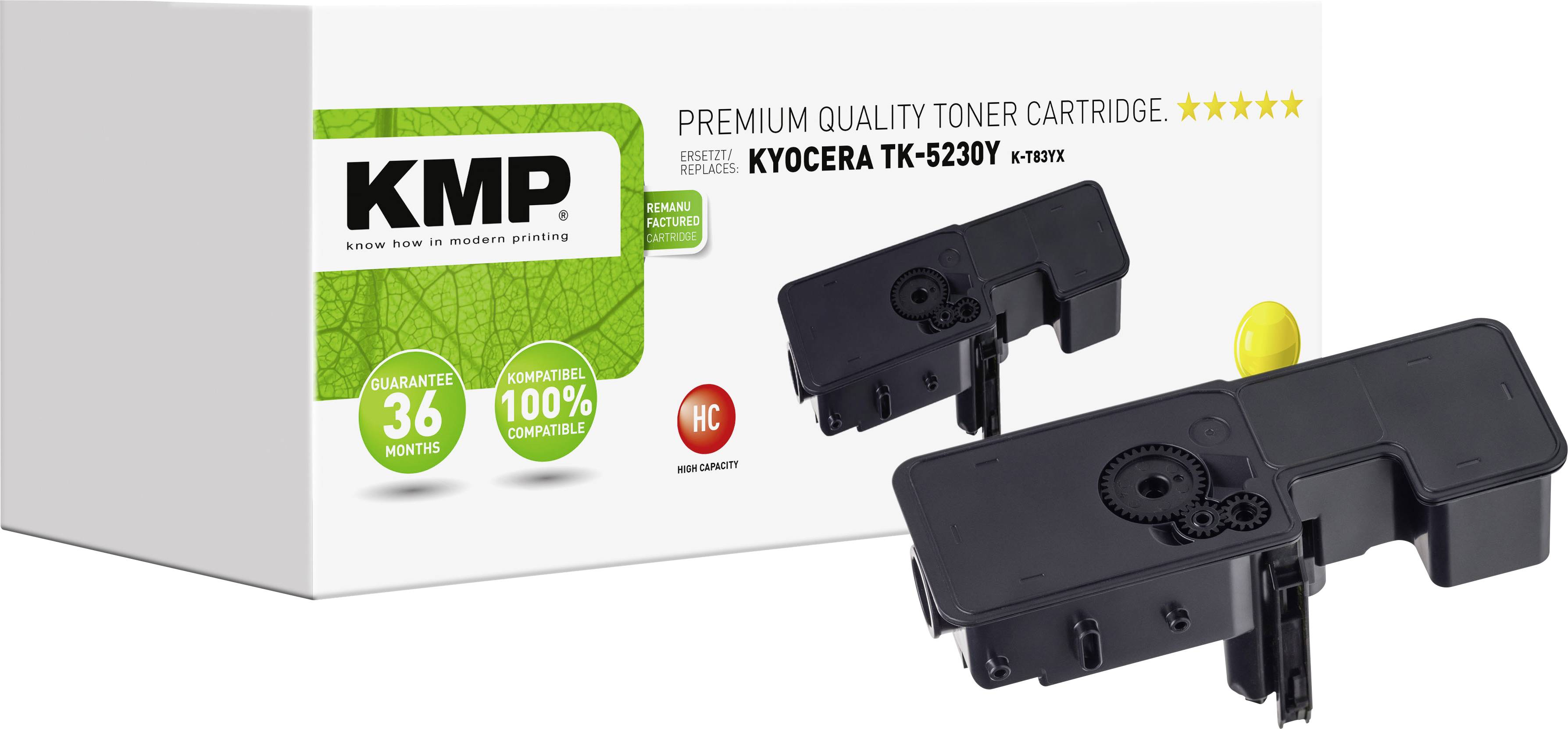 'KMP Premium Quality Toner Cartridge' met verpakking en twee toners. Compatibel met 'Kyocera TK-5230Y'. Garantiemelding: '36 maanden'.