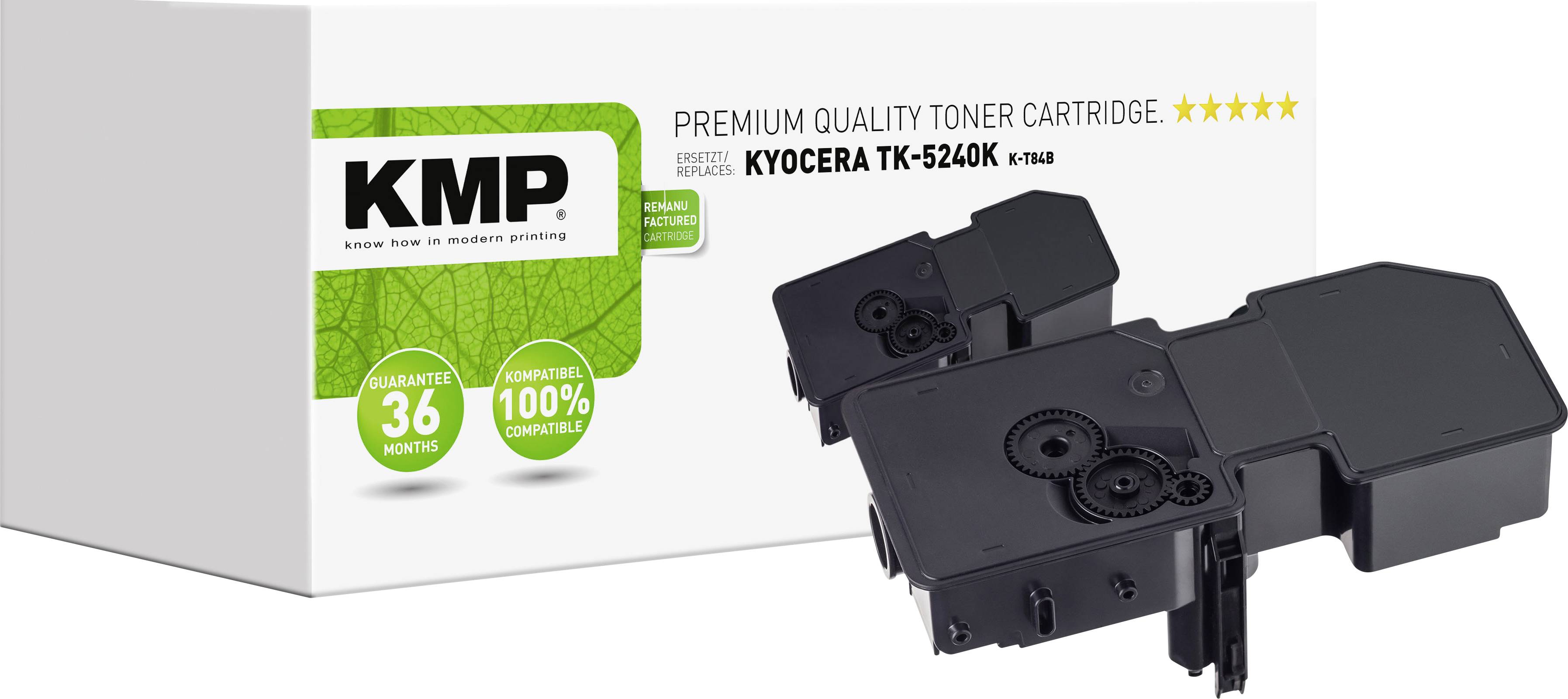 Een zwarte tonerpatroon voor de Kyocera-printer TK-5240K voor een verpakking met het opschrift 'Premium Quality Toner Cartridge'.