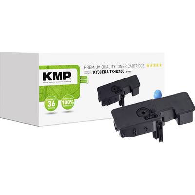 Tonercartridge KMP voor Kyocera TK-5240C, gepresenteerd voor een verpakking met bedrijfslogo en aanwijzingen over kwaliteit en garantie.