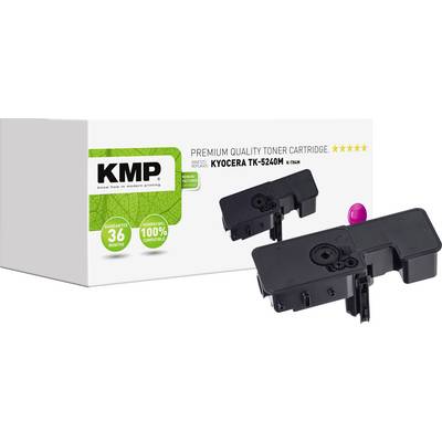 Verpakking van een KMP Premium tonercartridge voor Kyocera TK-5240M. Productafbeelding met een gestileerd groen blad als achtergrond.