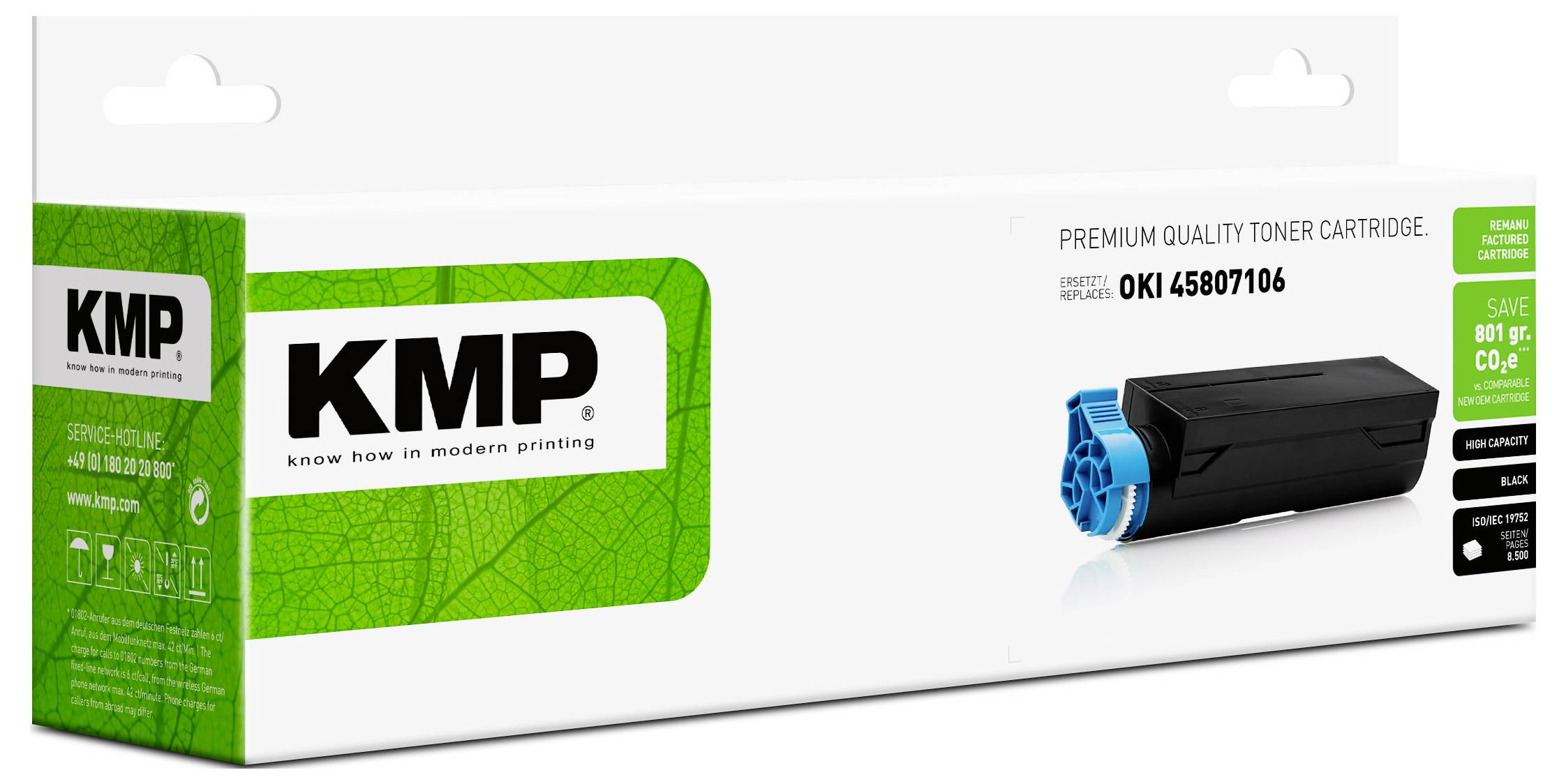 KMP tonercartridge verpakking met een zwarte cartridge afbeelding en modelnummer OKI 45807106, weergegeven als premium kwaliteit toner.