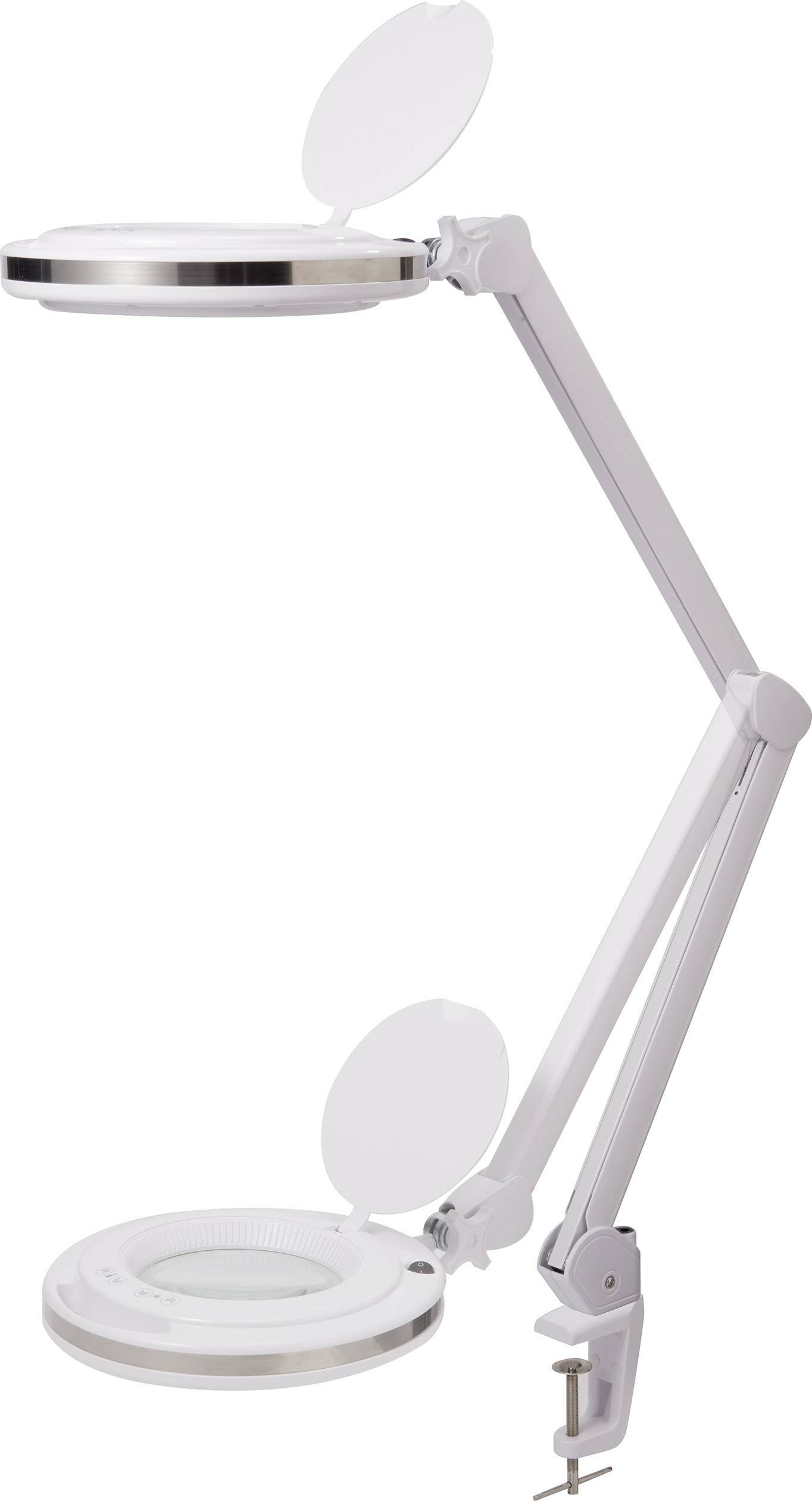 Een witte vergrotingslamp met verstelbare arm en tafelklem. Voornamelijk bedoeld voor precisiewerk of gedetailleerde waarnemingen.