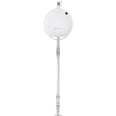 Een witte, ronde wasdroogmolen met telescopische arm, uitgeschoven en gebruiksklaar, tegen een neutrale achtergrond.