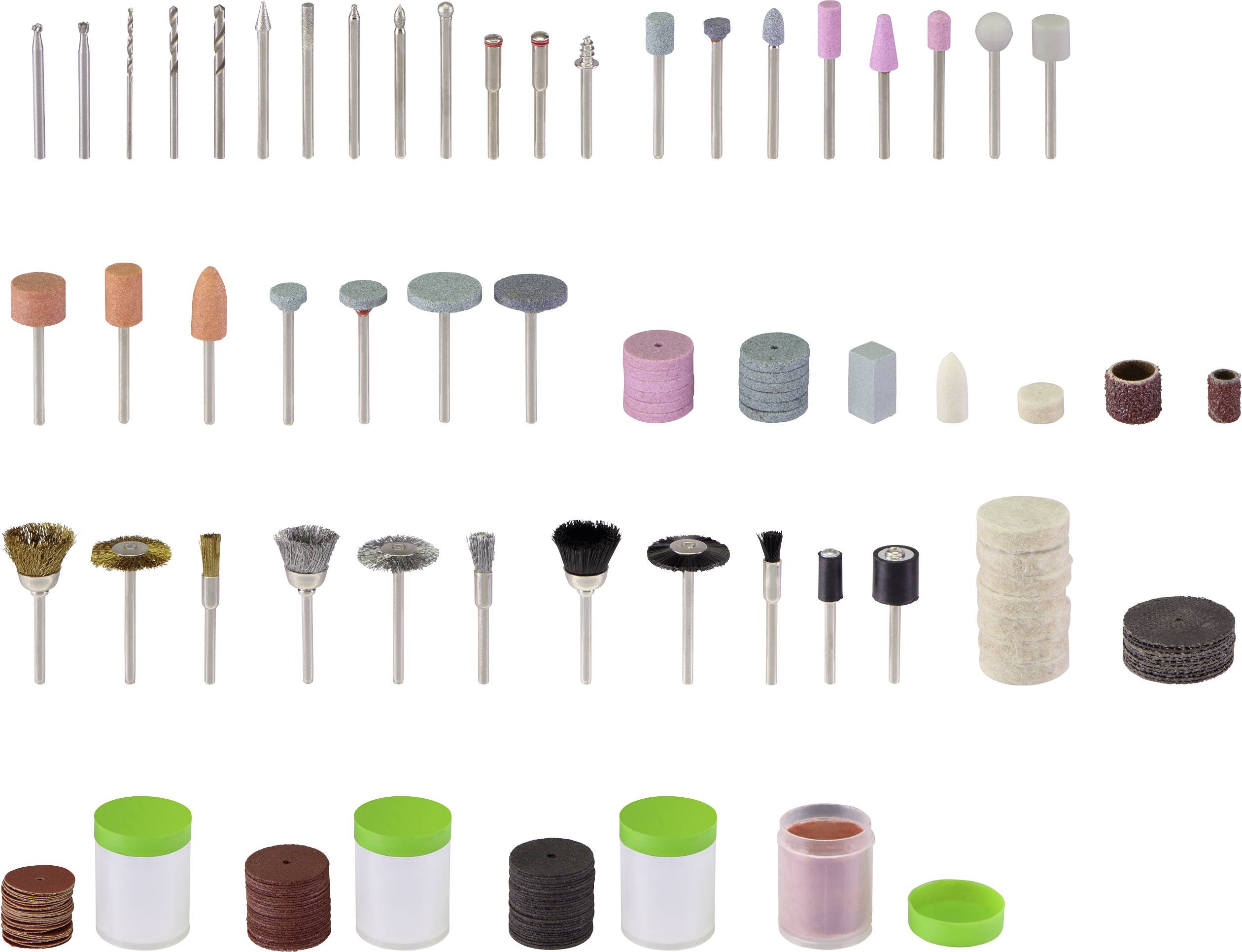 'Set van slijp- en polijropzetstukken in verschillende vormen en maten voor Dremel- of rotatiegereedschappen, met kleurrijke slijpstenen, staalborstel en polijstschijven.'