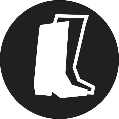'Dit gebied vereist het dragen van veiligheidslaarzen.' Een pictogram met een gestileerde laars in een cirkel.