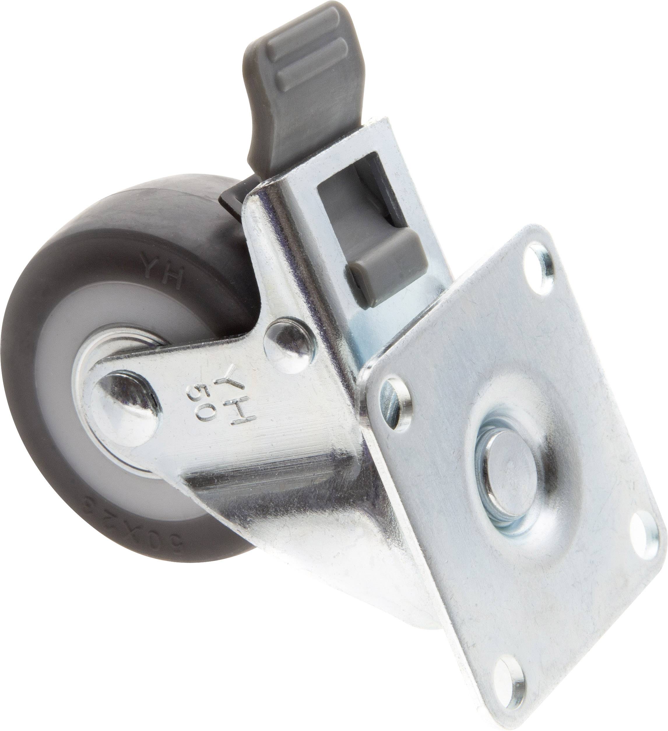 Metalen wiel met zwart wiel en bevestigingsplaat, geschikt voor meubels of transportkarren.