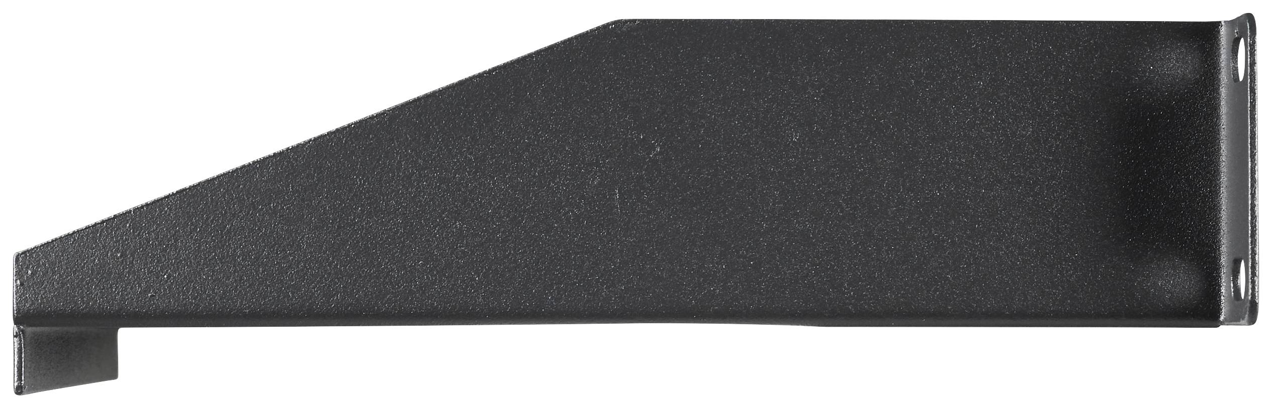 Een zwarte metalen hoeksteun voor wandmontage van plankdragers, rechthoekige vorm met afgeschuinde uiteinden, decoratieve structuur.