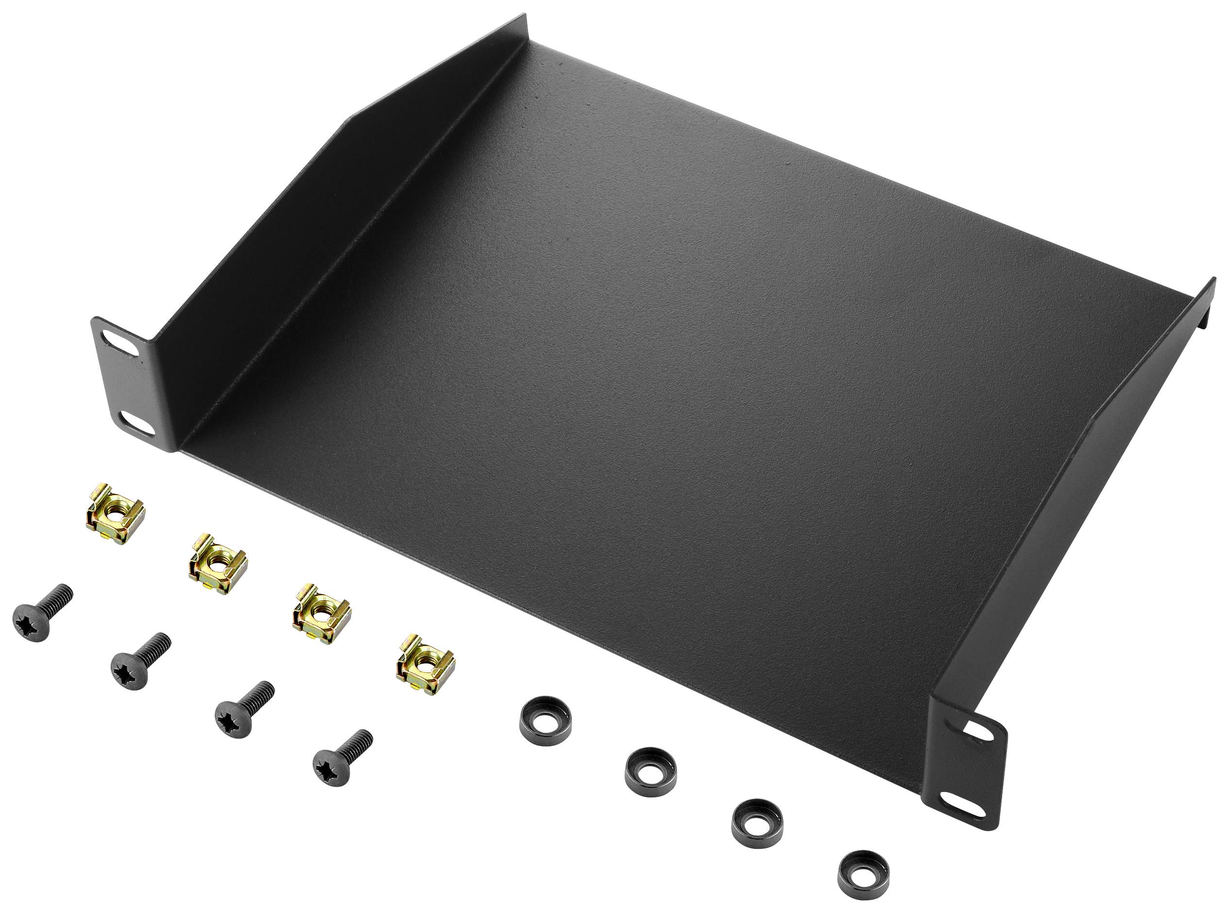 Een zwart metalen rek met zeven bevestigingselementen, waaronder schroeven en moeren, voor montage in een serverrek.