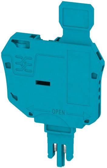 Een blauwe elektrische stekkermodule met gemarkeerde 'OPEN'-positie. Het wordt gebruikt voor het verbinden en scheiden van elektrische schakelingen.