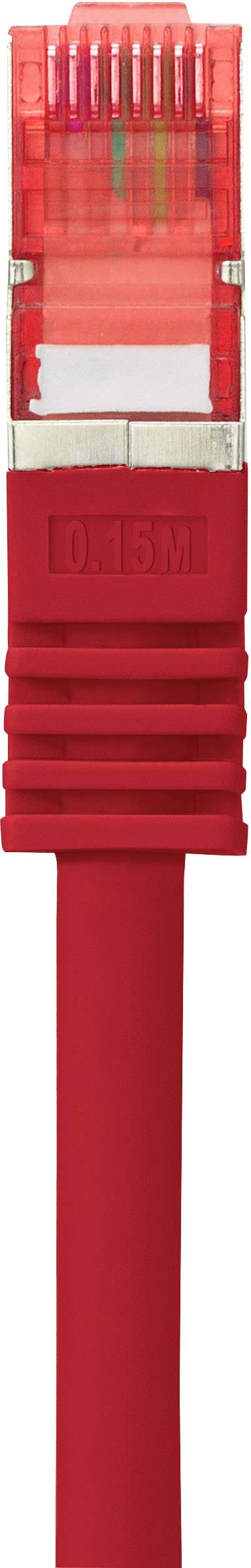 'Rood Ethernet-kabel met transparante, rode stekkers.'