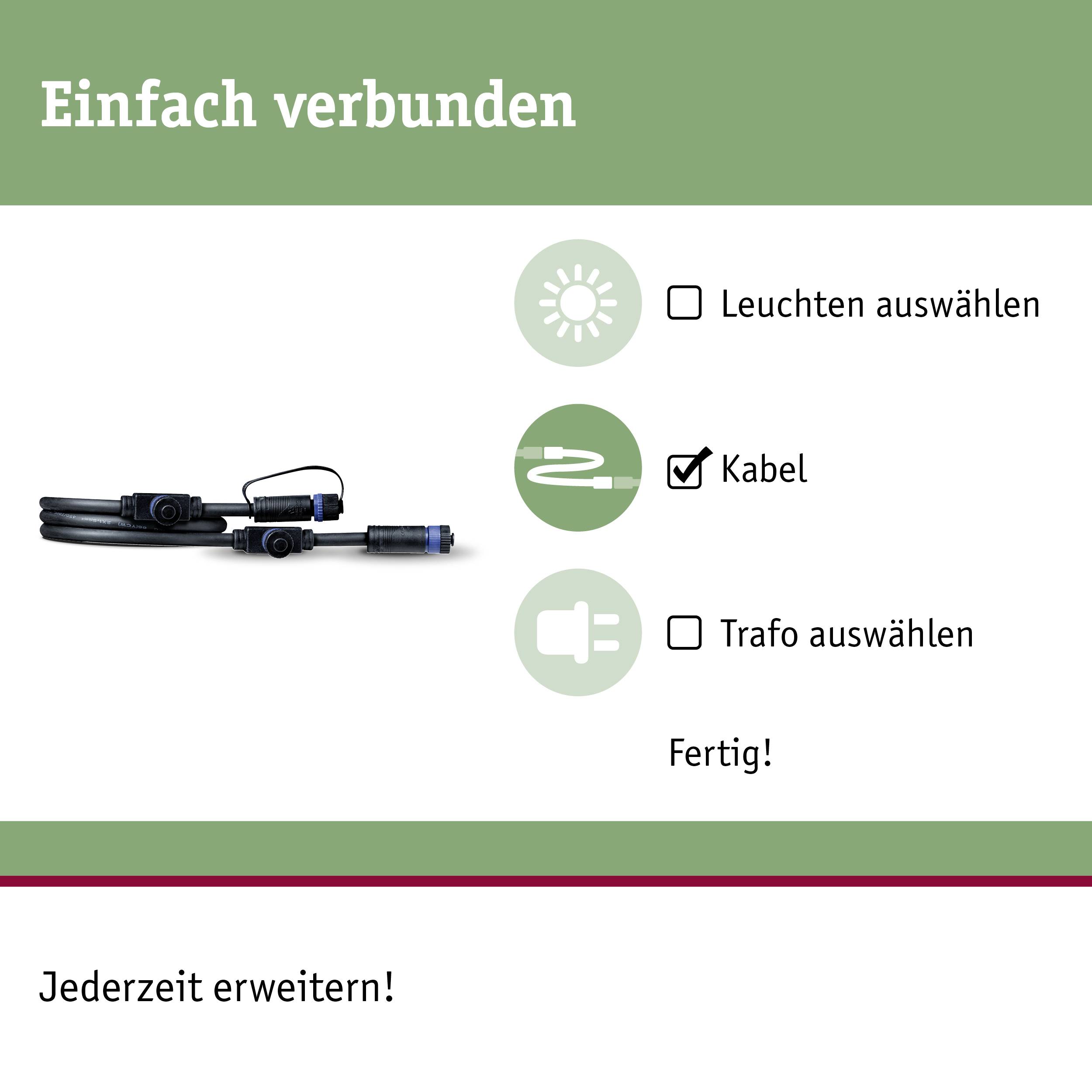 Het beeld toont een instructie voor het aansluiten van een kabel met verlichting en transformator. Tekst: 'Eenvoudig verbonden', 'Verlichting kiezen', 'Kabel', 'Transformator kiezen', 'Klaar!', 'Op elk moment uit te breiden!'.