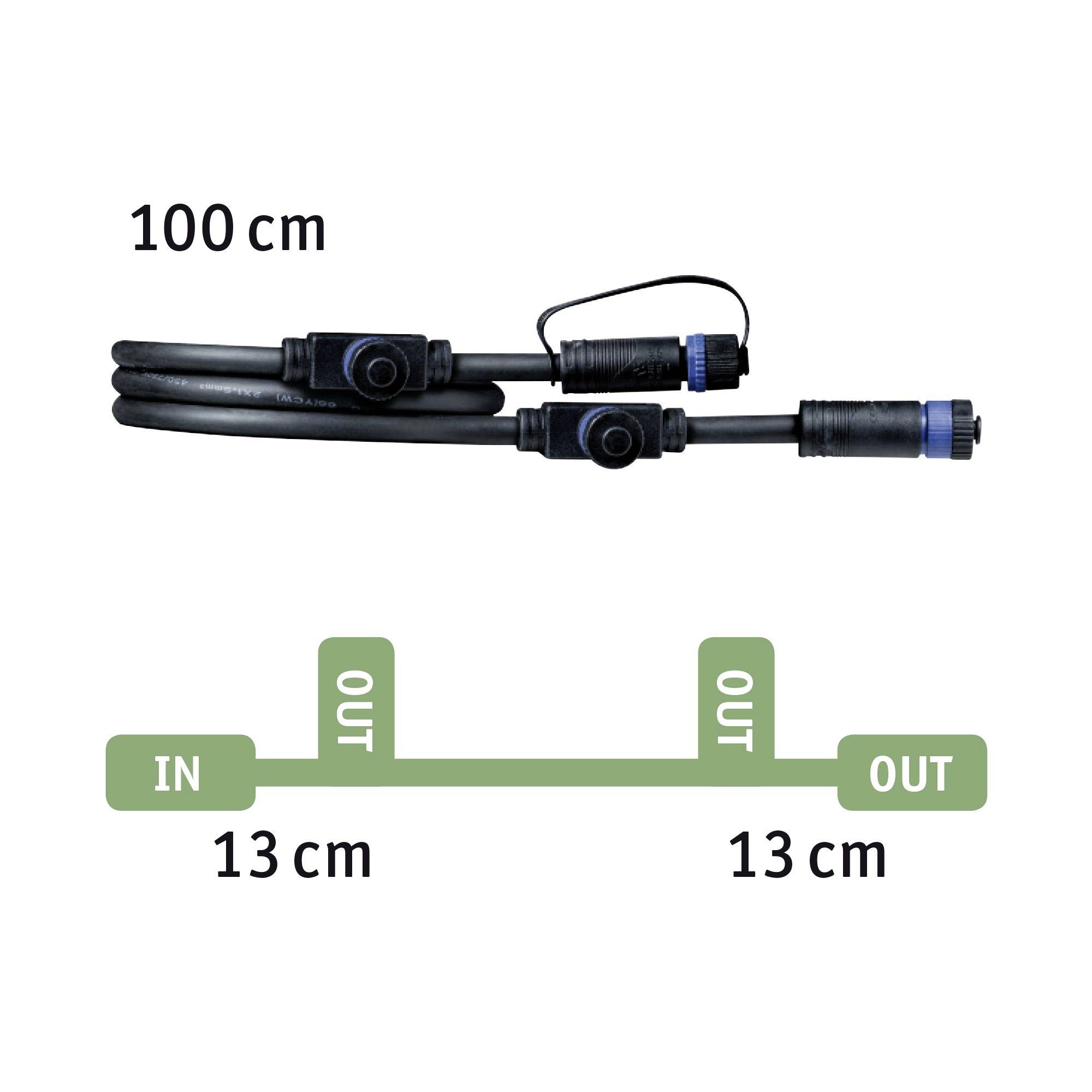 'Kabel met stekkerverbindingen: totale lengte 100 cm, met 13 cm ingangs- en uitgangaansluitingen.'