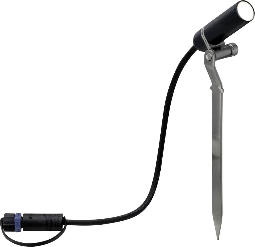 Een zwarte sensor met een metalen pen voor het meten van de bodemvochtigheid, aan het uiteinde een waterdichte kabelaansluiting.