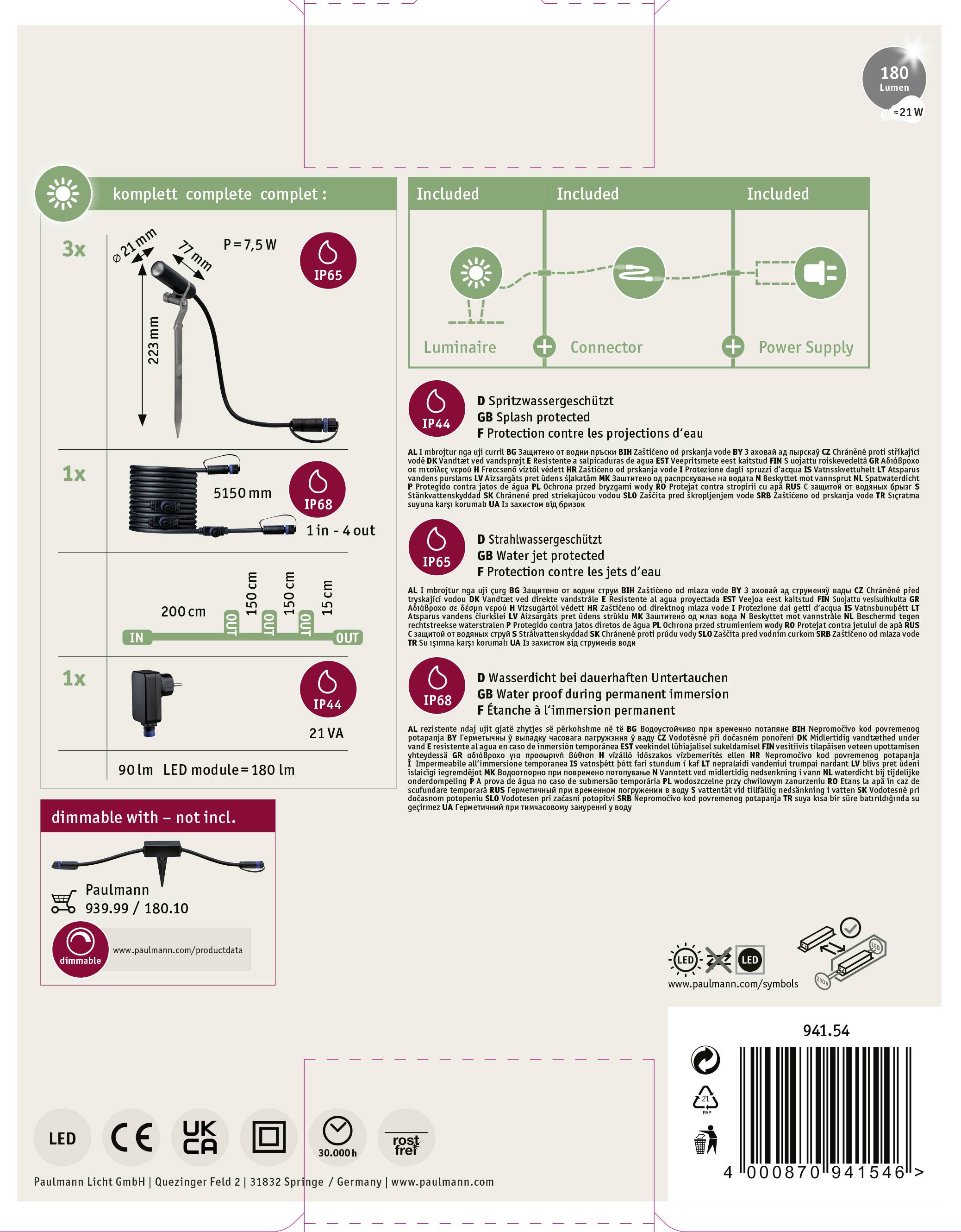 'Illumina' LED-verlichtingsset Verpakking. Bevat één armatuur, verbindingsstuk en voeding. Geschikt voor waterbescherming IP65. Dimmer niet inbegrepen.