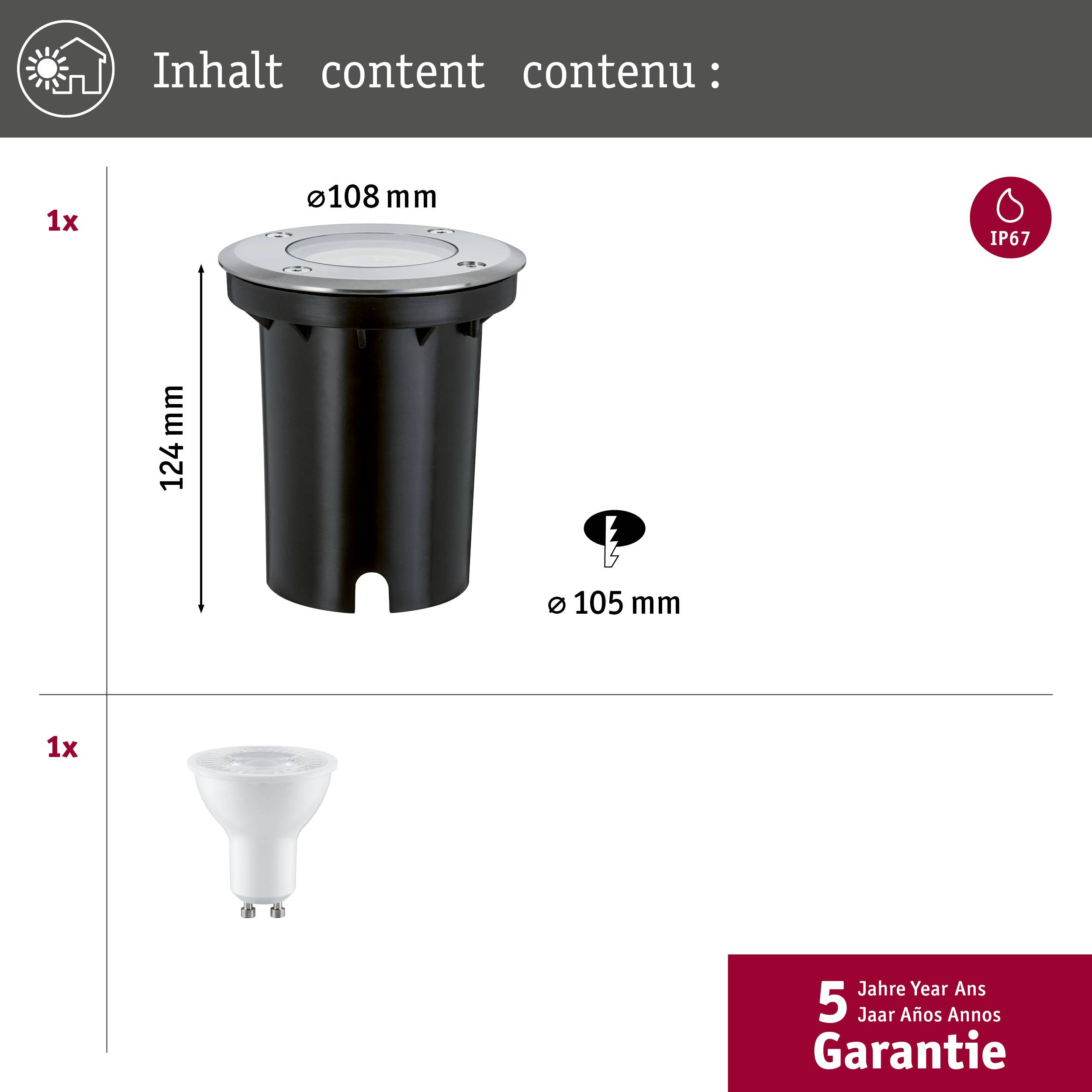 'Inbouwspot voor buitengebruik, diameter 108 mm, hoogte 124 mm, IP67-bescherming, inclusief GU10 LED-lamp, 5 jaar garantie.'