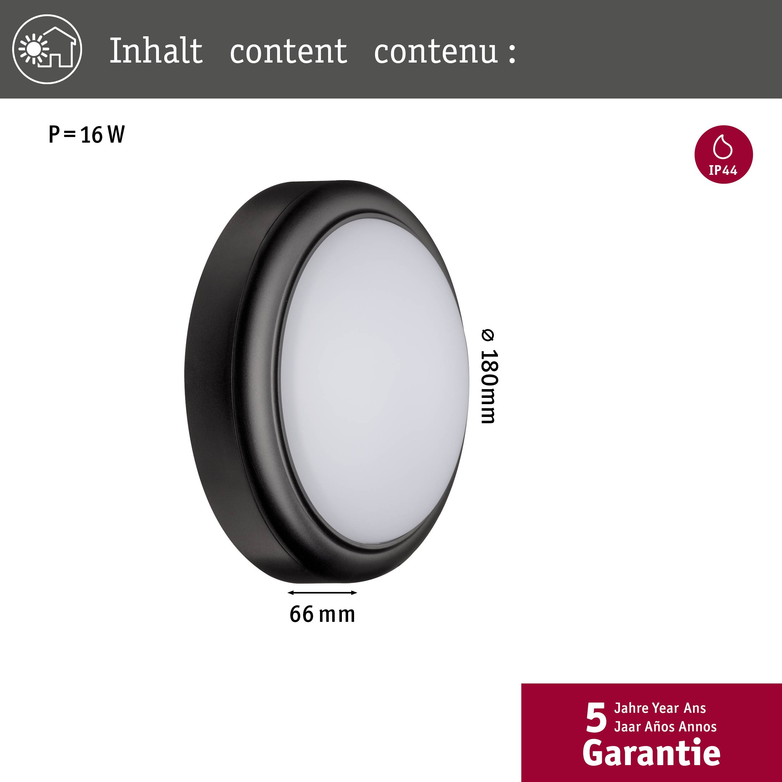 Zwarte ronde LED-wandlamp of plafondlamp (16 W) met een diameter van 180 mm. Beschermingsgraad IP44. 5 jaar garantie.