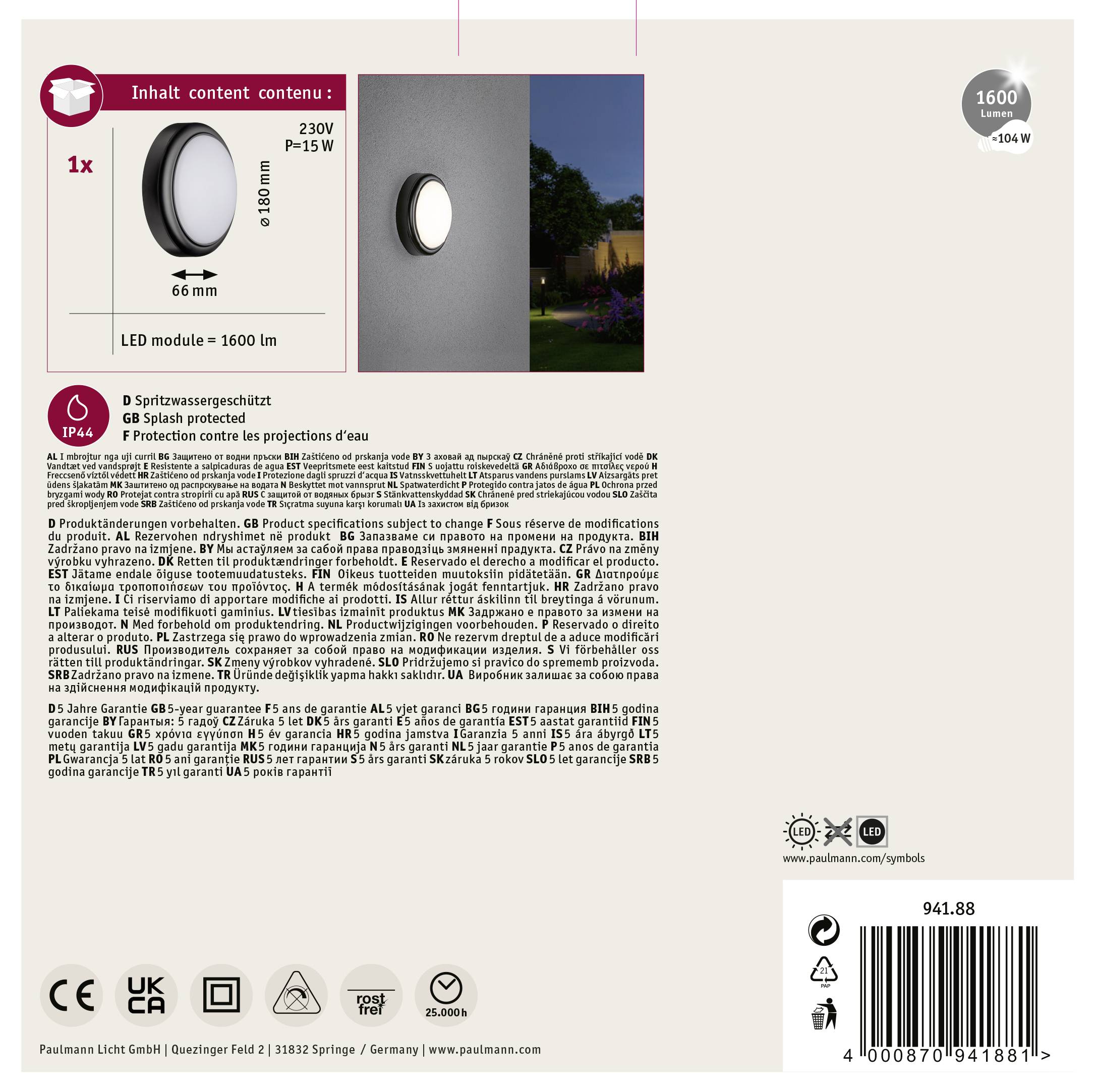 'Buitenlamp met IP44-bescherming, LED-module 1600 lm, Ø 180 mm, 230V/15W. Geschikt voor spatwater, bevat 1x.'