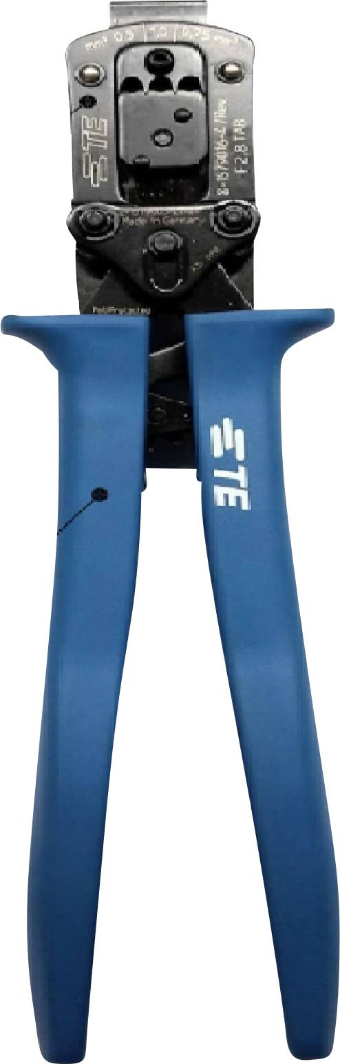 Een blauwe krimptang met zwart handvat, gefabriceerd door TE.