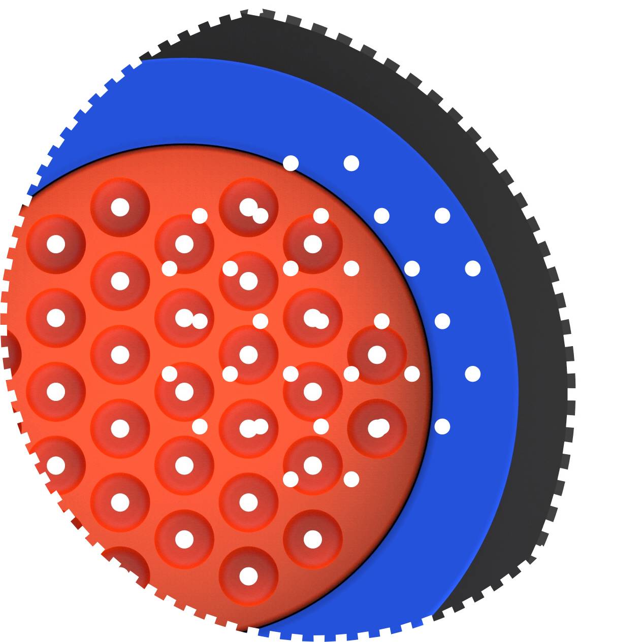 Diagram van een tabletvormingsmodel: Rode buitenste laag met witte stippen, blauwe middelste laag, zwarte binnenste laag.