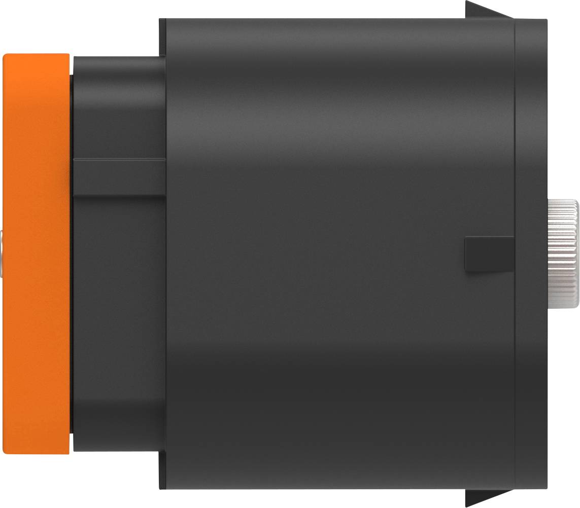 Een cilindrische zwarte apparaat met een oranje sectie. Het heeft een metalen component aan de zijkant die als bedieningsgreep zou kunnen dienen.