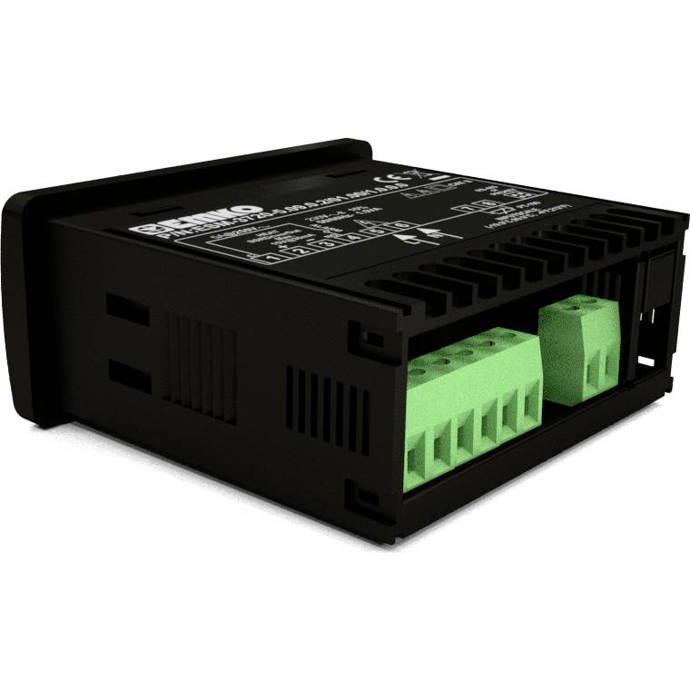 Zwart, rechthoekig elektronisch apparaat met groene aansluitingen, vermoedelijk een schakelvoeding of besturingsapparaat.