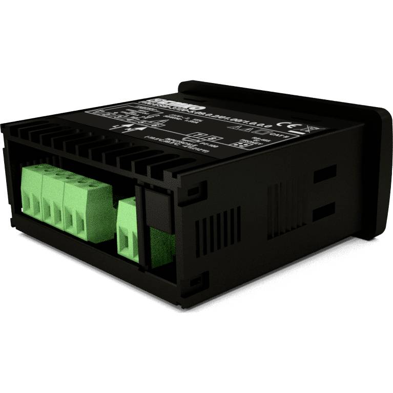 Een zwart kunststof behuizing met meerdere groene connectoren, die vermoedelijk een elektronisch apparaat of module is.