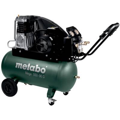 Draagbare Metabo luchtcompressor met groene tank, zwarte motorsamenstelling, wielen en handgreep op een witte achtergrond.