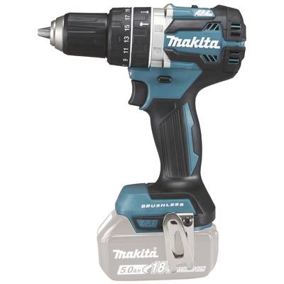 Een blauwe accuboormachine van het merk Makita met een zwarte handgreep en grijze accu. De boorkop is zwart met een traploos instelbaar draaimoment.
