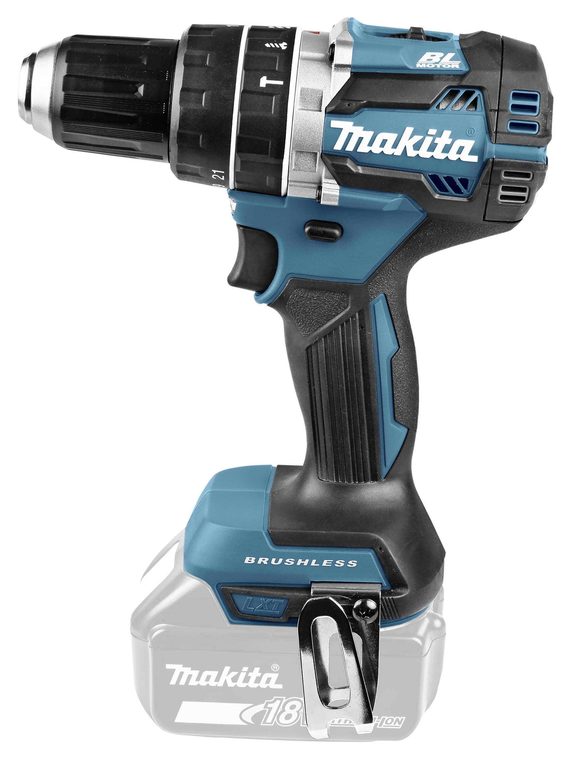 Een blauwe accuschroevendraaier met zwart-zilveren details. Het apparaat is robuust ontworpen en beschikt over een ergonomische handgreep.