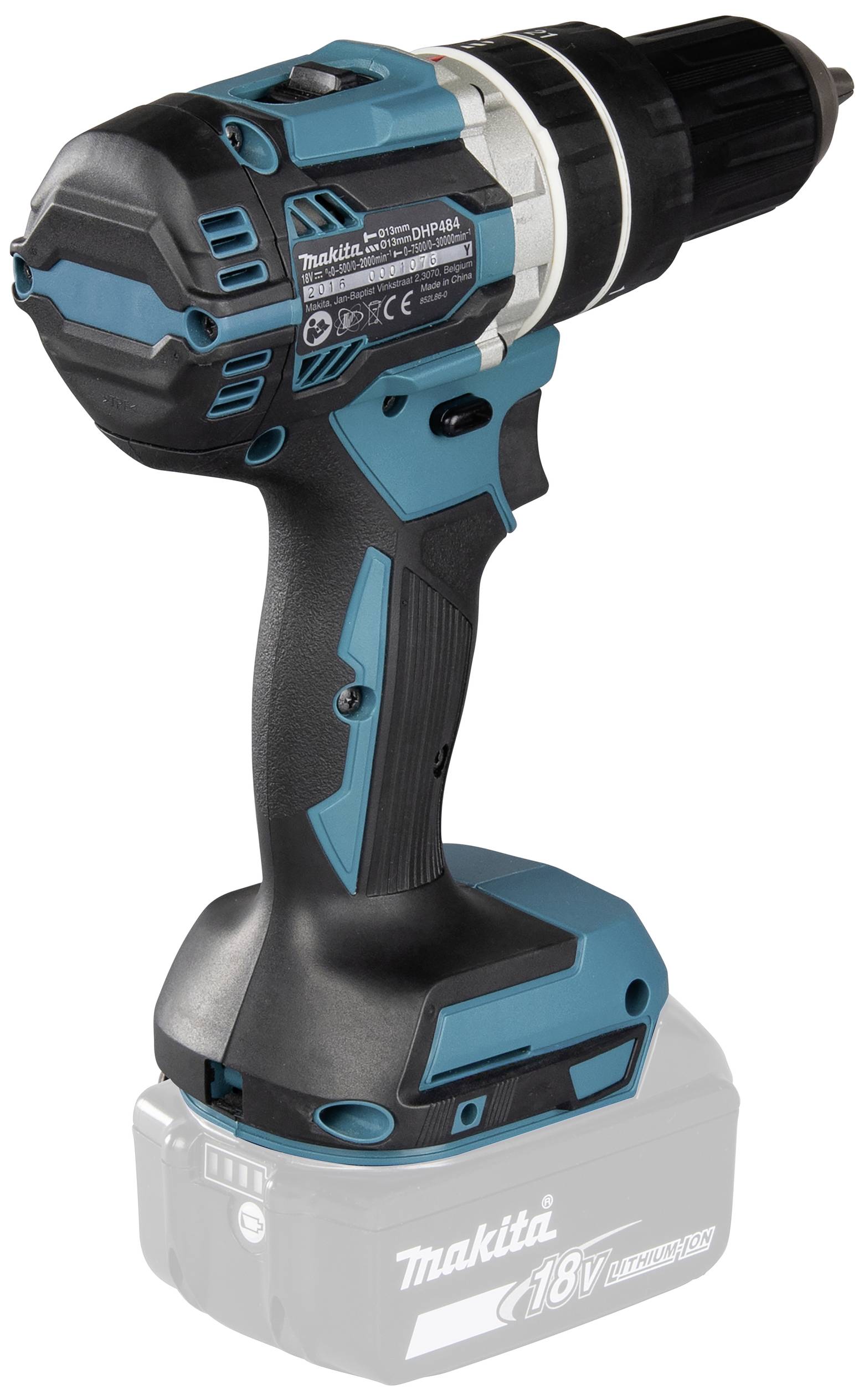 Draadloze boormachine in zwart en blauw met een 18V lithium-ion accu. Geschikt voor boren en schroeven in verschillende materialen.