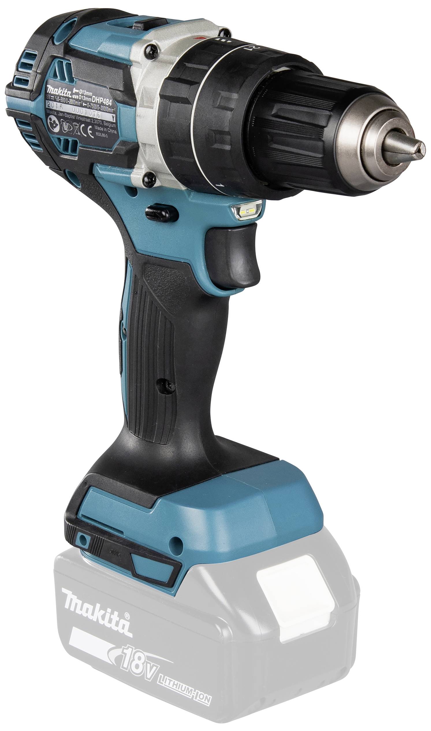 Draadloze, blauwe en zwarte accuschroefboormachine met een 18V lithium-ion-accu.