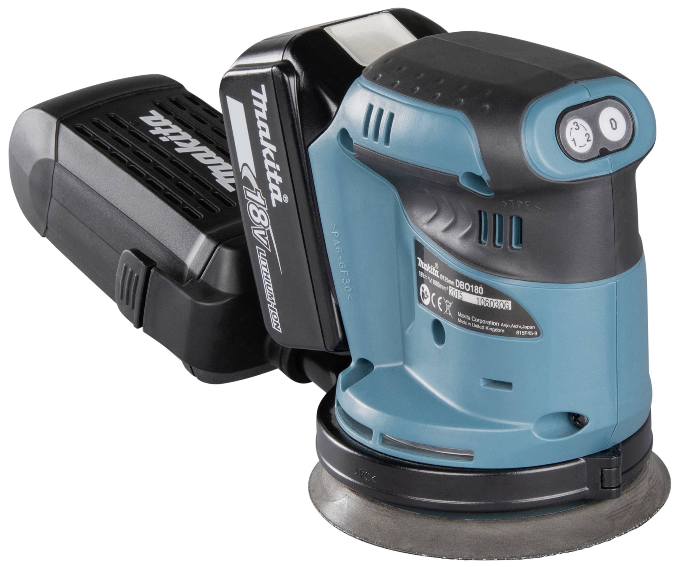 Accu-excentrische slijpmachine in blauw en zwart, model van Makita. Geschikt voor het slijpen van oppervlakken, met stofopvangbak.