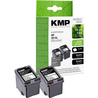 'KMP' merkinkjetcartridges dubbelpack met twee zwarte cartridges, compatibel met HP 301XL printers, voorzien van eco-besparings-informatie.