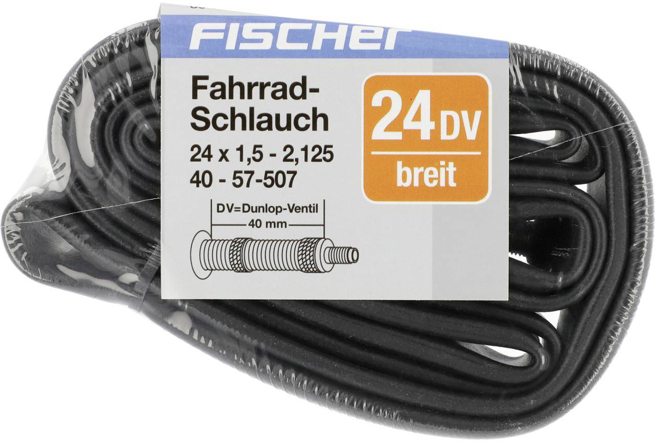 Fietsband van Fischer, maat 24 x 1,5 - 2,125, met DV-ventiel 40 mm, geschikt voor brede banden. Verpakt in plastic folie.