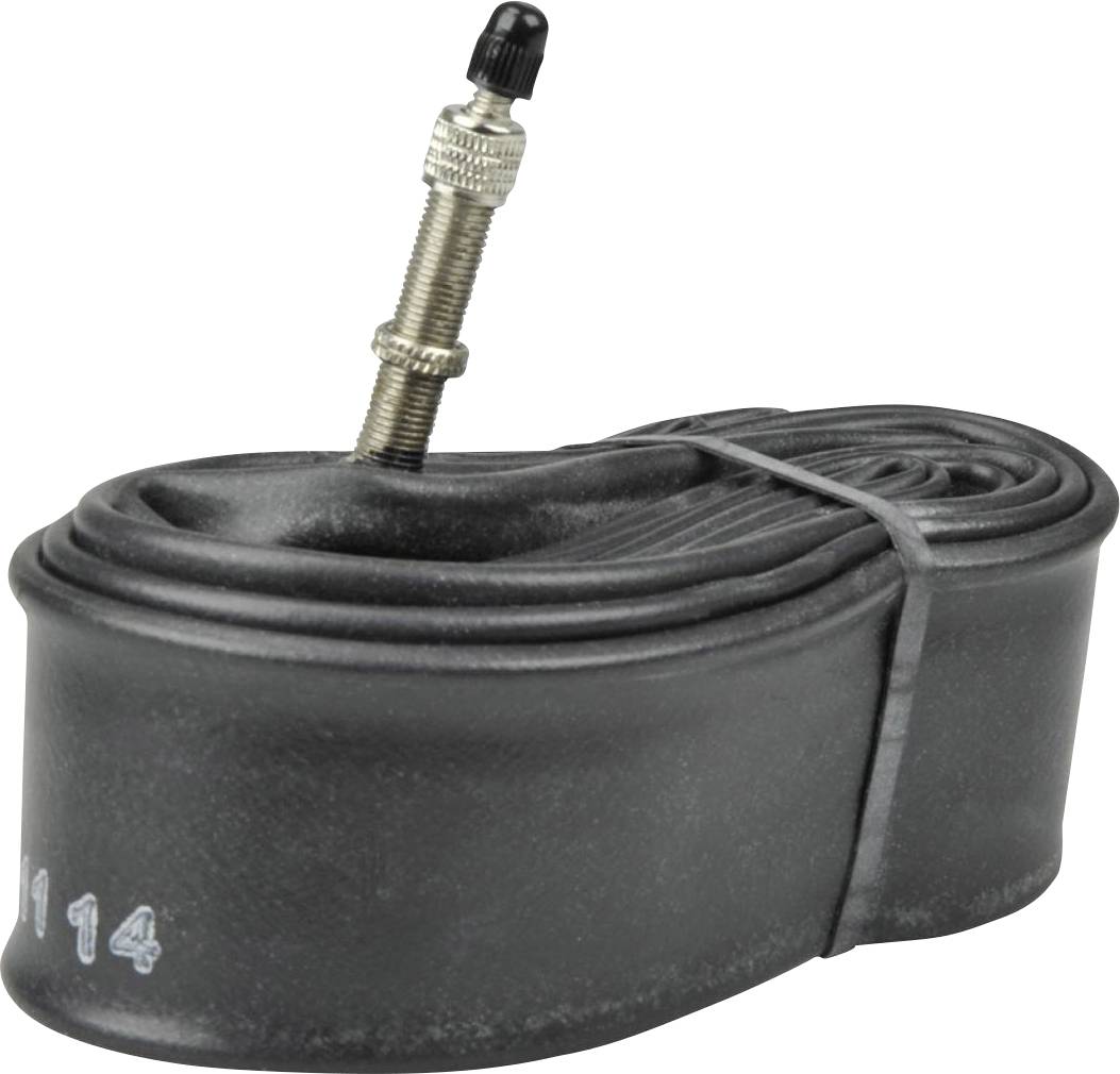 Een opgerolde fietsband met een Presta-ventiel, klaar voor montage.