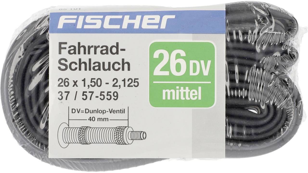 Verpakte fietsband van het merk Fischer, type 26 DV medium, voor bandenmaat 26 x 1,50-2,125 en Dunlop-ventiel, 40 mm.