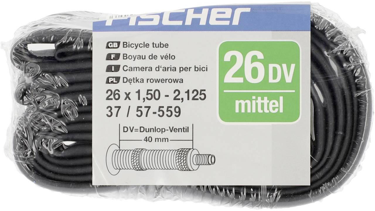 'Fietsband 26 DV medium', maat 26 x 1,50-2,125, ventiel 40 mm. Verpakt, meertalig: Duits, Frans, Italiaans, Pools.