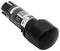 Een zwarte ingebouwde downlight met een bijbehorende witte voeding en een zwart montageelement, verbonden door twee kabels.
