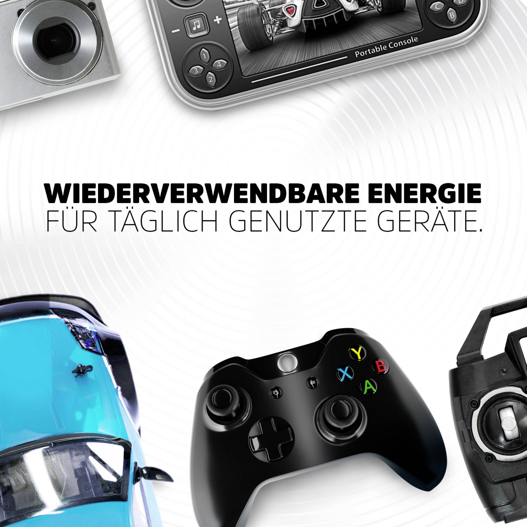 'Herbruikbare energie voor dagelijks gebruikte apparaten.' Afbeelding toont verschillende elektronische apparaten zoals camera, gameconsole en controller.