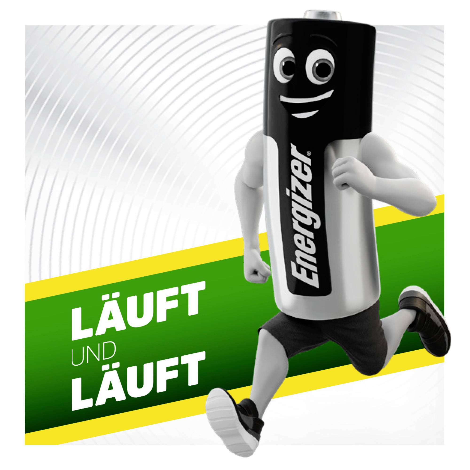 Een batterij in menselijke gedaante rent op een groen-gele achtergrond. De tekst luidt: 'Loopt en loopt'.