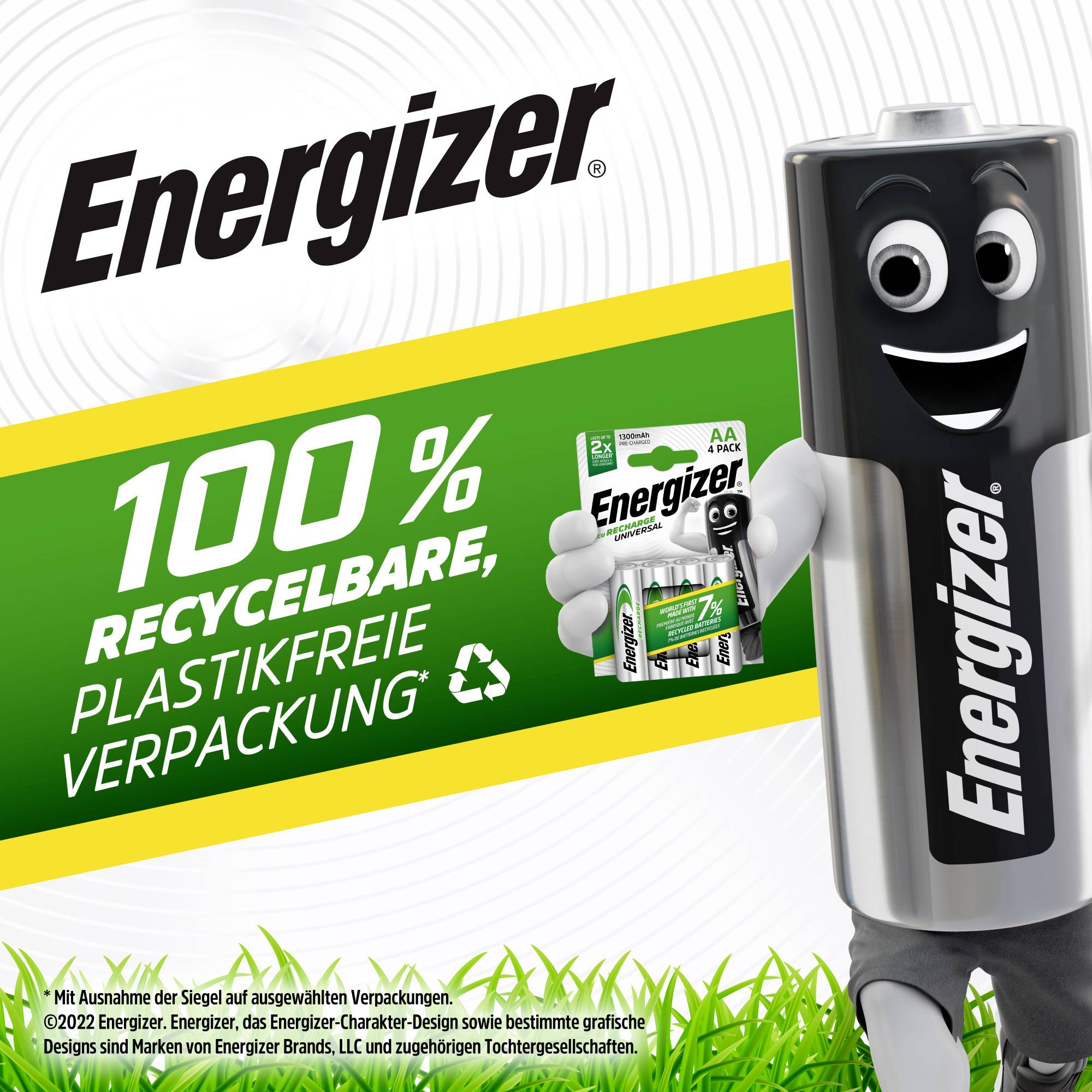 Energizer batterijverpakking met mascotte. Tekst: '100% recyclebare, plasticvrije verpakking'. Focus op duurzaamheid.