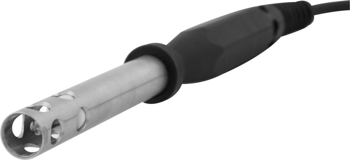 Zilvergrijze sensor met zwart handvat en kabel, waarschijnlijk bedoeld voor laboratorium- of meettechtoepassingen.