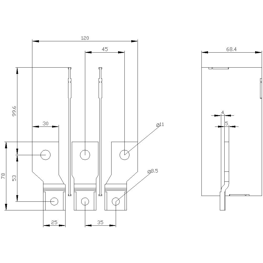 Technische tekening van metaalplaten met afmetingen: breedte 120 mm, diepte 78 mm, boringen met diameter 11 mm, 9,5 mm. Zijaanzicht toont dikte van 4 mm.