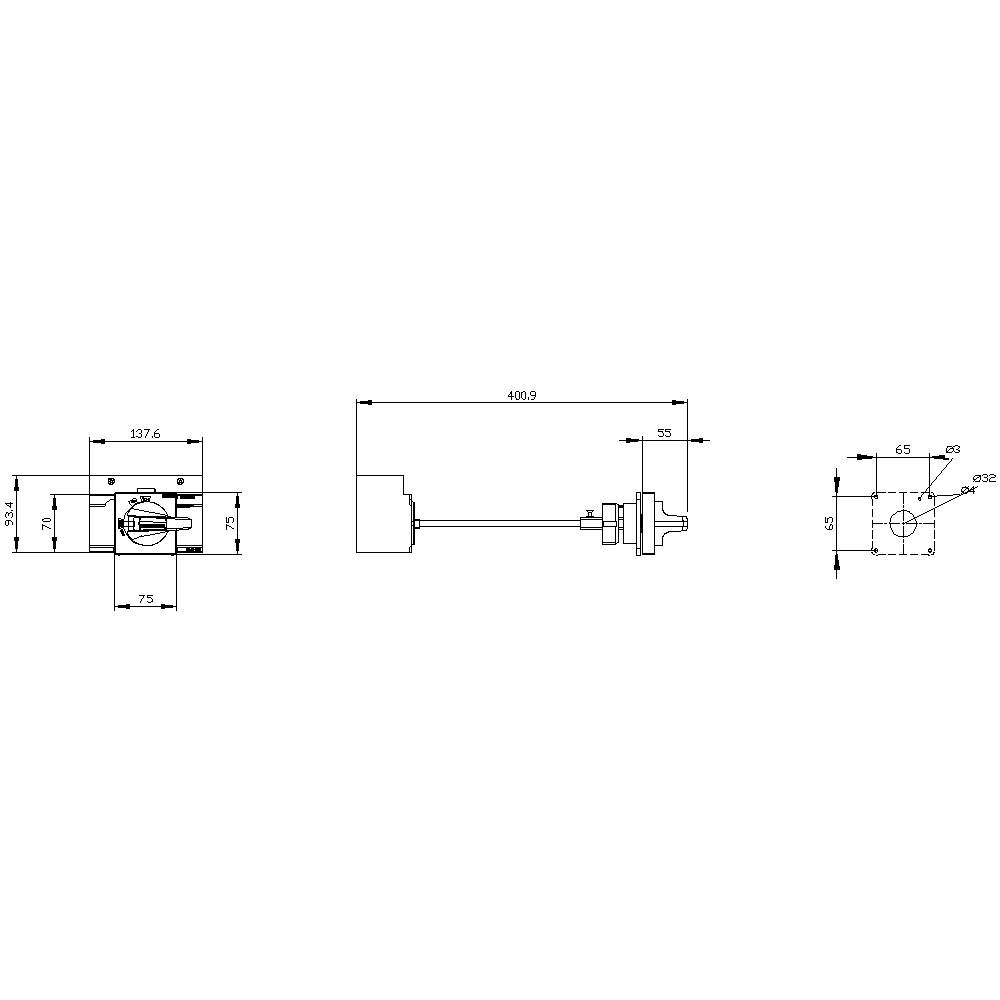 Technische tekening van een cilindrische sensor met maatvoering. Hoofdafmetingen: 400,9 mm lang, 65 mm diameter, gedetailleerde weergave van de aansluitzijde.