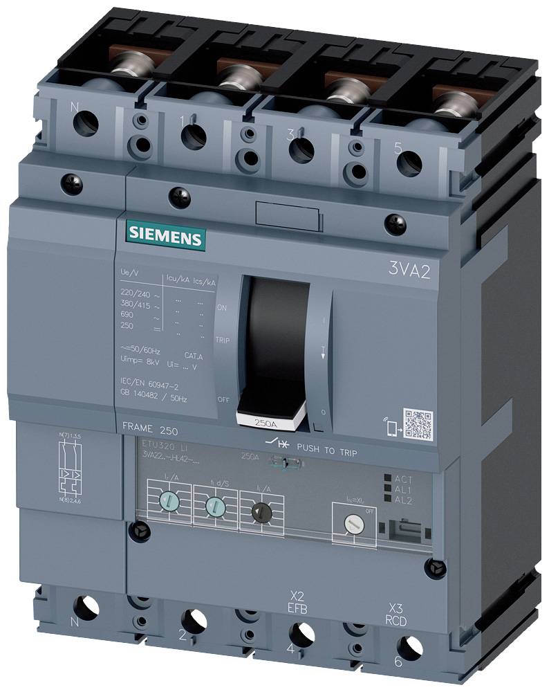 Een driepolige vermogensschakelaar van Siemens, modelnummer 3VA2, grijs. Bevat technische specificaties en aansluitdiagrammen.