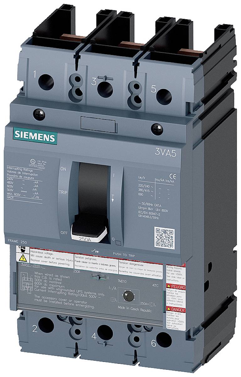 Een grijze industriële vermogensschakelaar van Siemens, model 3VA5, met tuimelschakelaar. Voorzijde toont verschillende aanduidingen en symbolen.